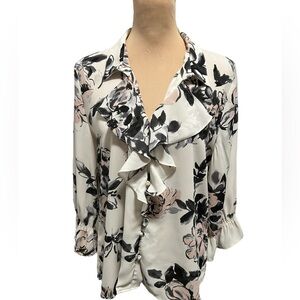 NWOT KARL LAGERFELD Paris Women’s Sz Large Blouse Shirt White Pink Black Floral.